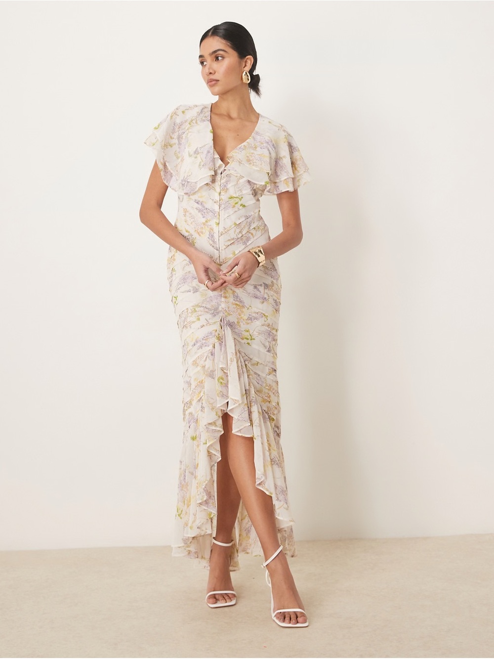 ASOS Pintuck Maxi Dress with Cape Flutter Sleeves, Wisteria Floral, 12